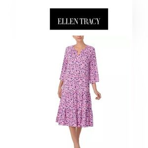 Ellen Tracy Women's 3/4-Sleeve Long Nightgown Pink Floral Print and Ruffle Hem L